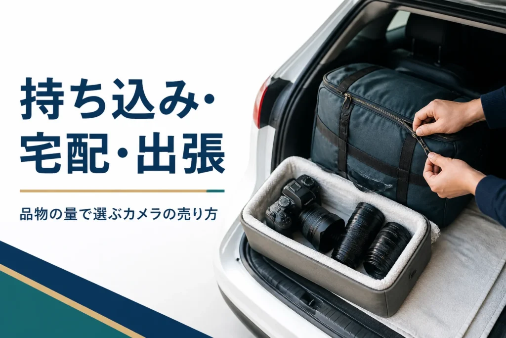 一眼レフと交換レンズをクッション入りの箱に入れて車に積む手元