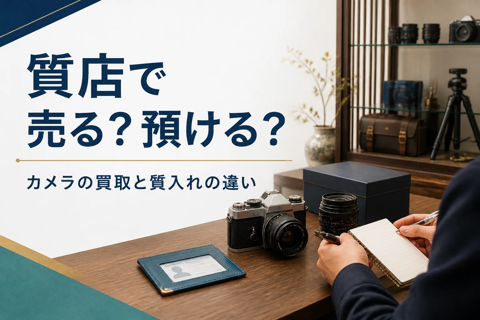 木のカウンターに置いたフィルムカメラと交換レンズを前にメモを見比べる手元