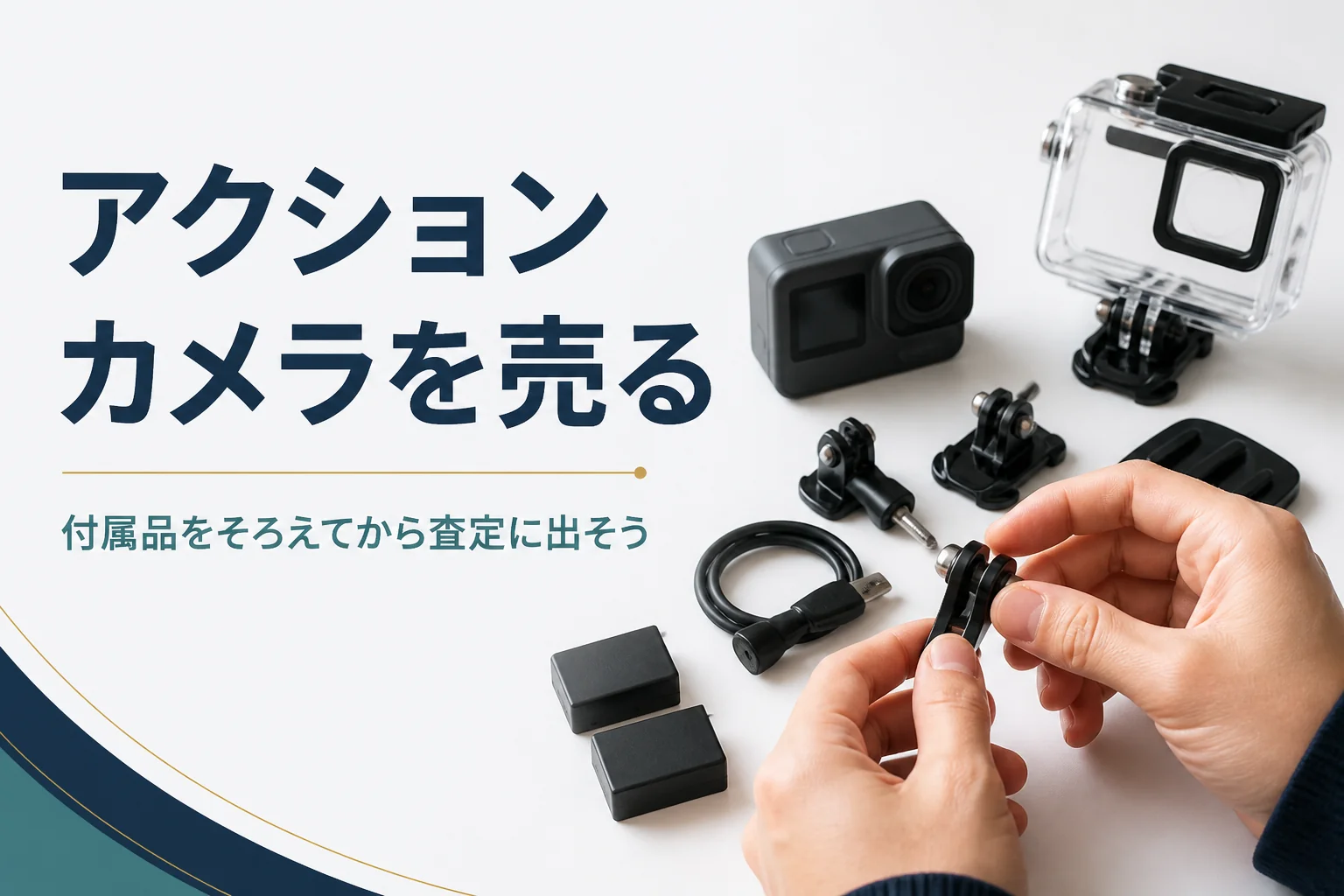 小型アクションカメラと付属のマウントやバッテリーを並べる手元