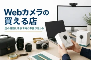 机の上のWebカメラと屋内用カメラの箱を手に取る手元