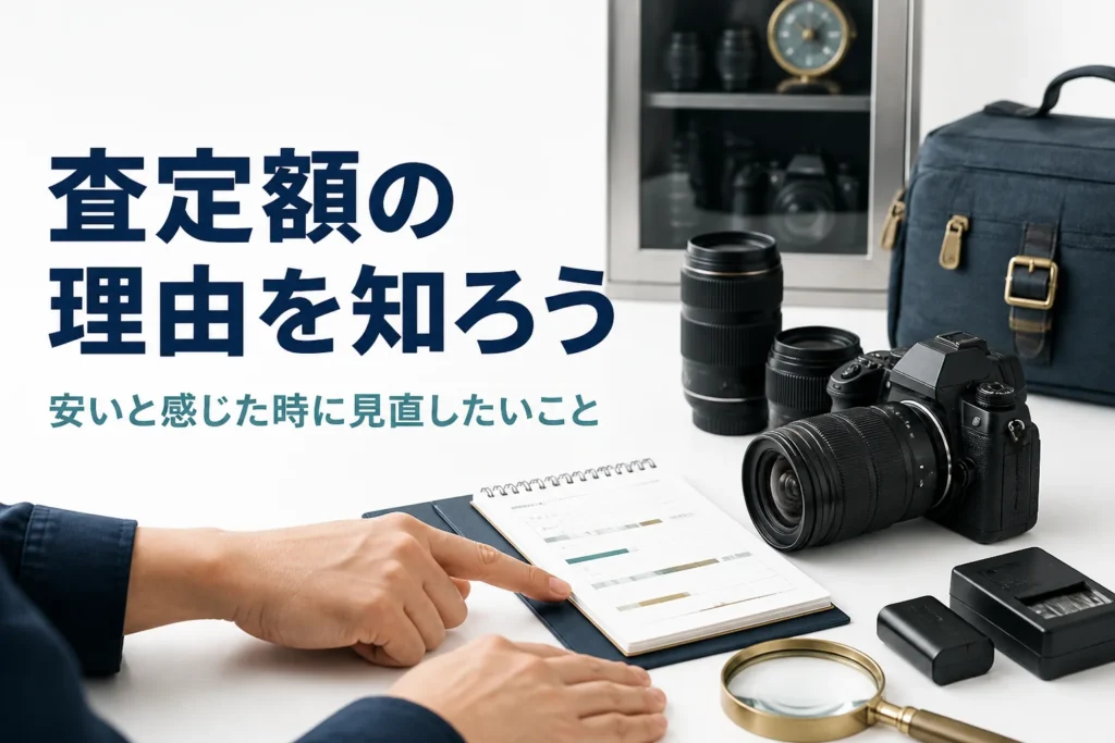 一眼レフと付属品の横で査定結果のメモを確かめる手元