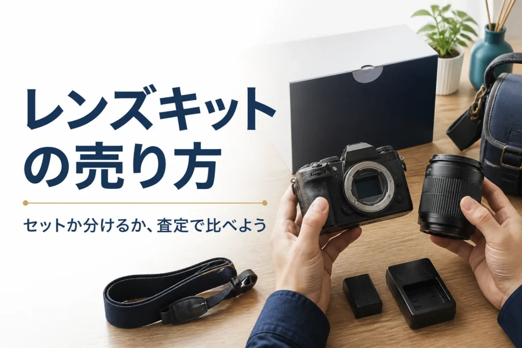一眼レフ本体とキットのレンズを並べて見比べる手元