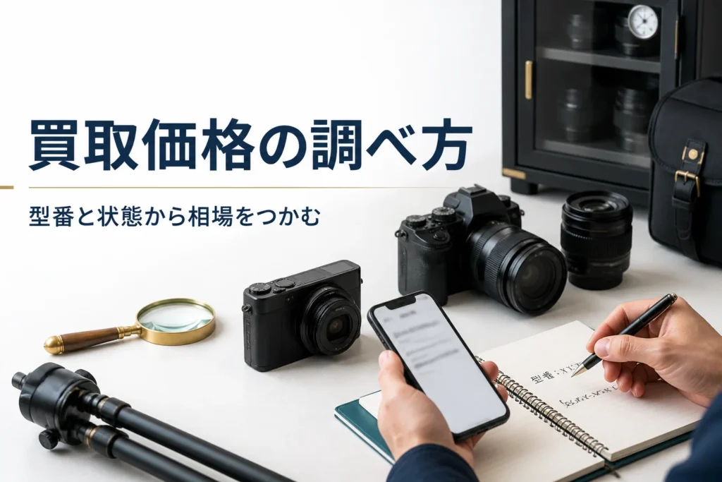 カメラの型番メモを見ながらスマートフォンで買取価格を調べる手元