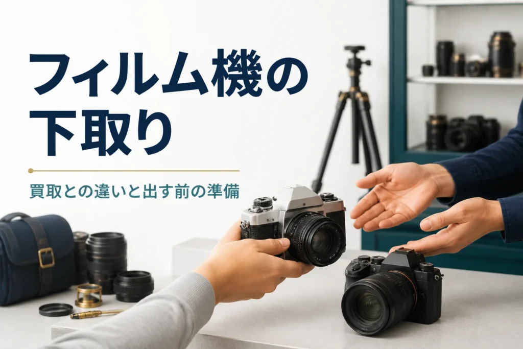 古いフィルムカメラと新しいミラーレスカメラを並べて差し出す手元