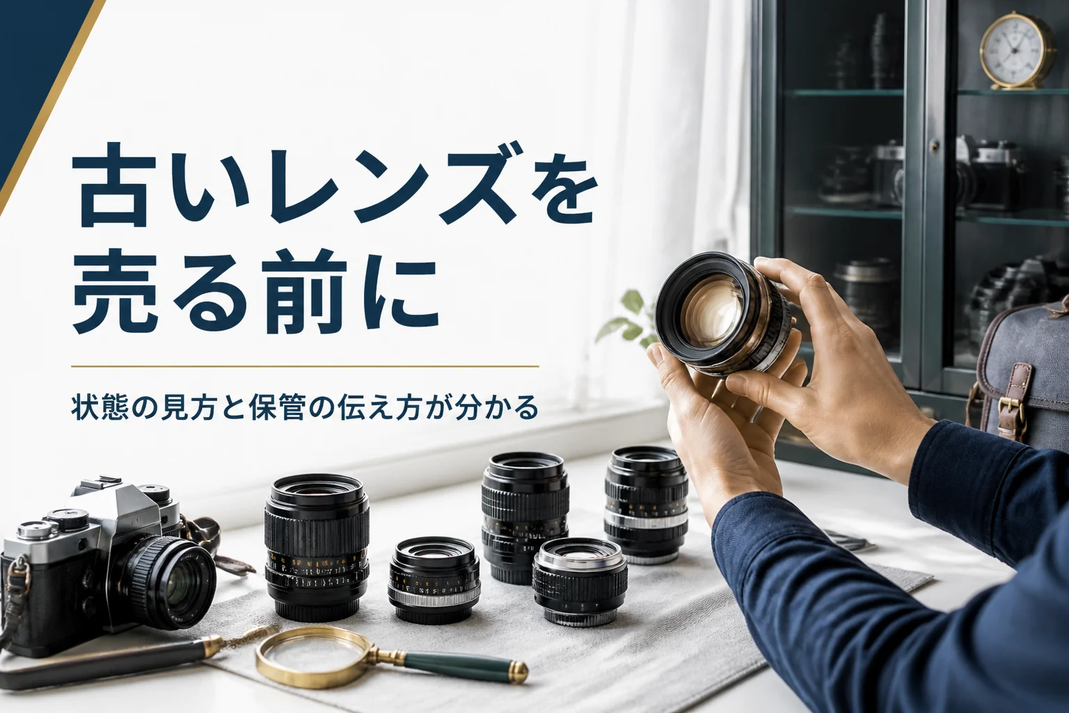 古い交換レンズを光にかざして中のカビやクモリを確かめる手元
