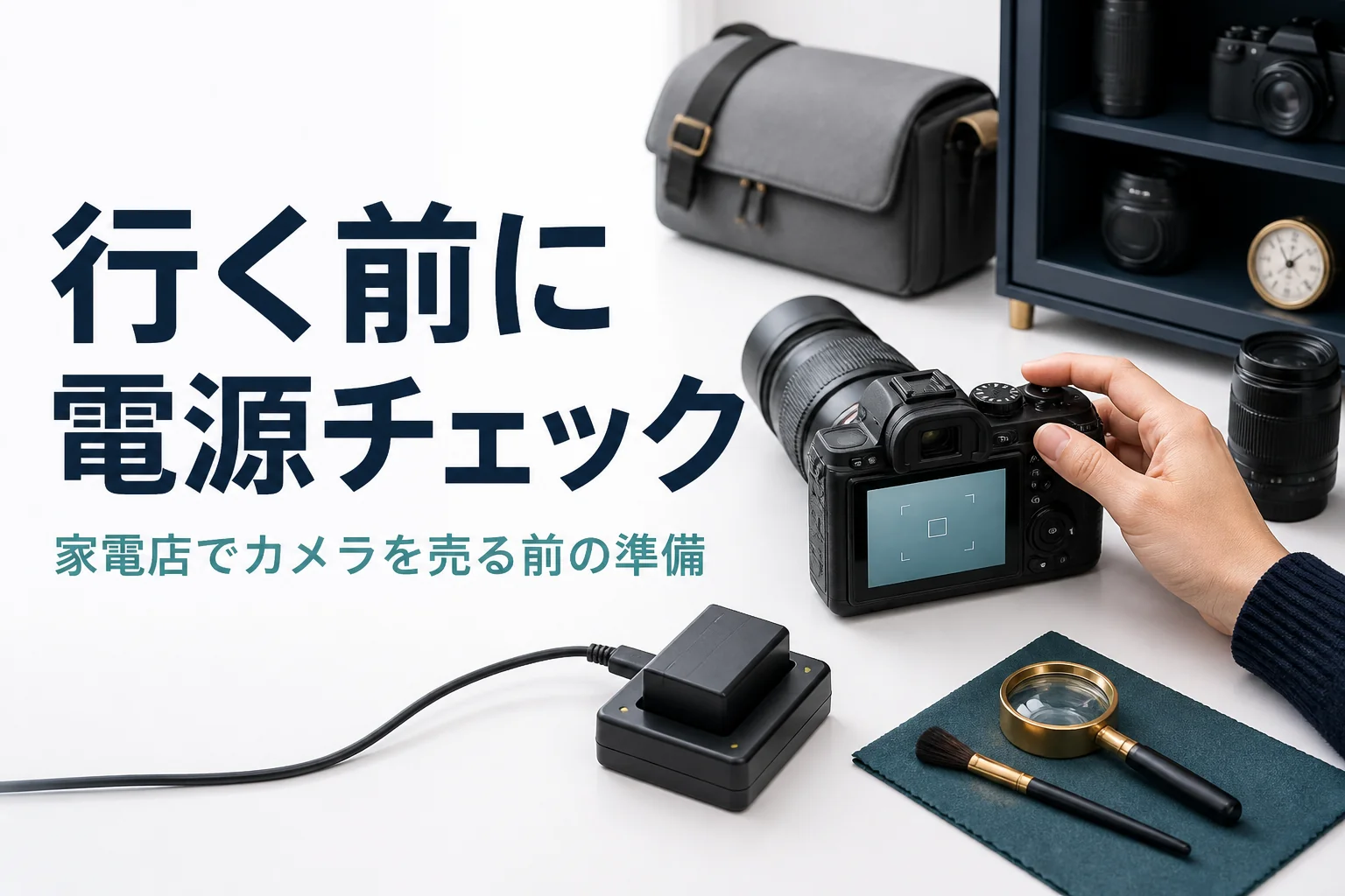 充電したバッテリーでミラーレスカメラの電源が入るか確かめる手元