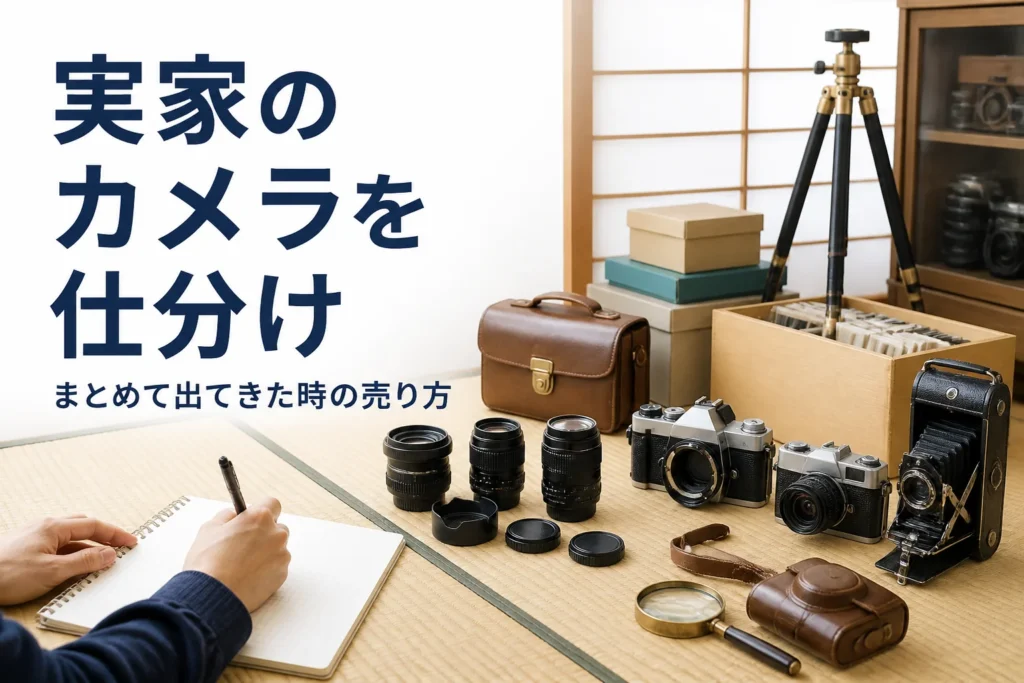 畳の上に古いカメラやレンズを種類ごとに並べて仕分ける手元