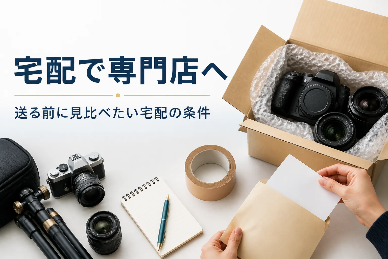 梱包キットに一眼レフと交換レンズを詰めて宅配の準備をする手元