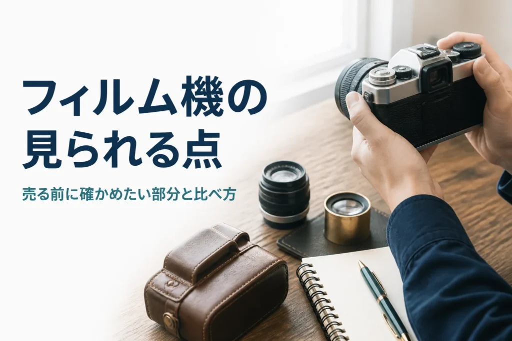 古いフィルムカメラのファインダーを窓に向けて確かめる手元