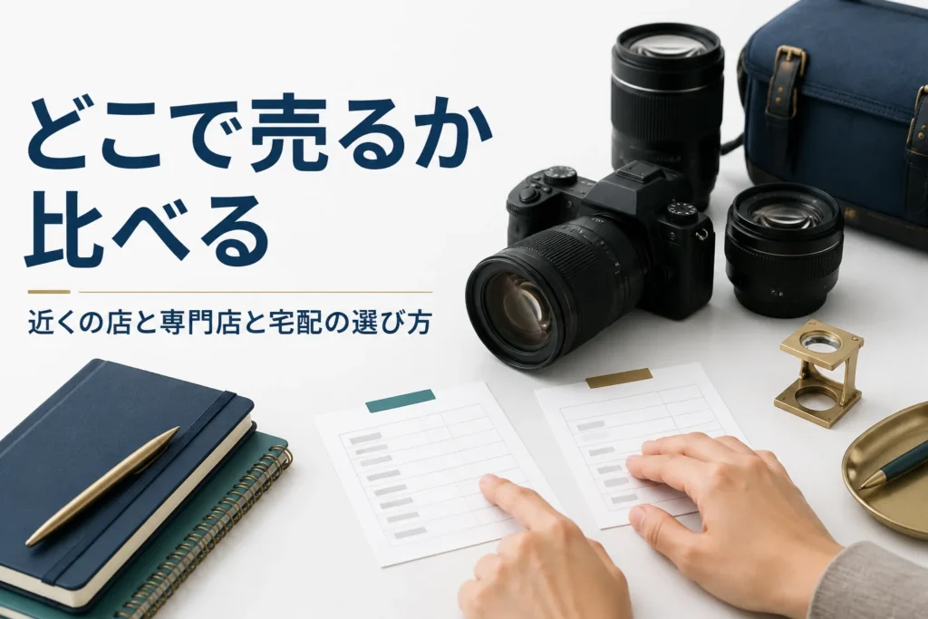 一眼レフの横で2枚の査定メモを見比べる手元