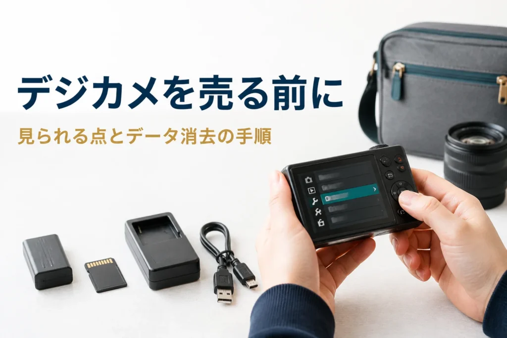 コンパクトデジカメの設定画面を操作し、付属品をそろえる手元