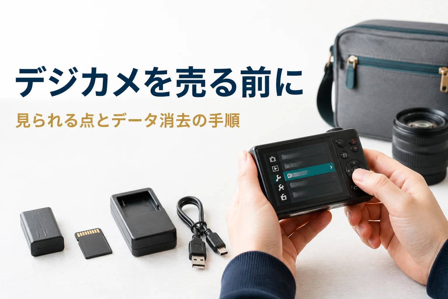 コンパクトデジカメの設定画面を操作し、付属品をそろえる手元