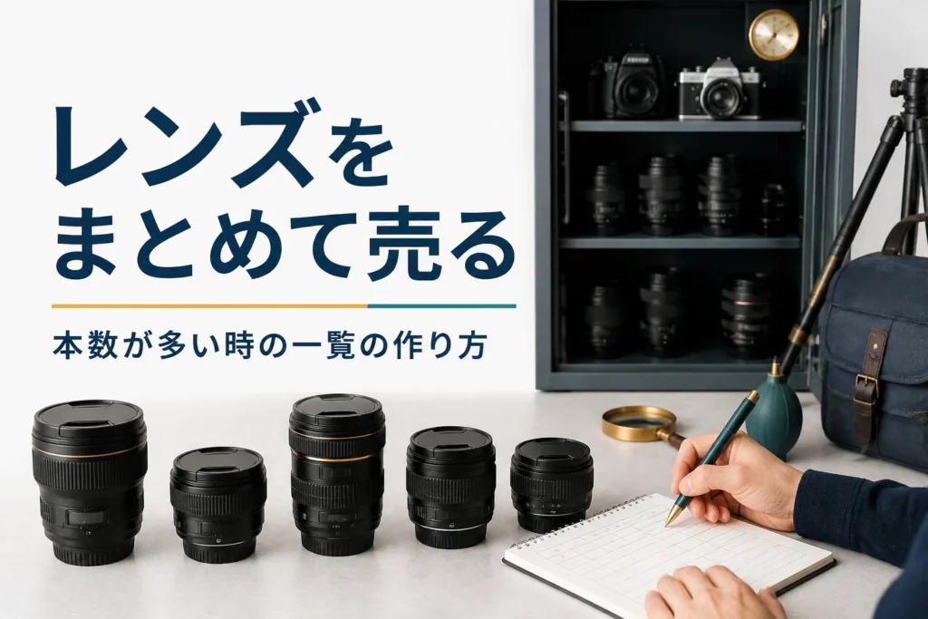 防湿庫から出した交換レンズを並べて一覧を書く手元