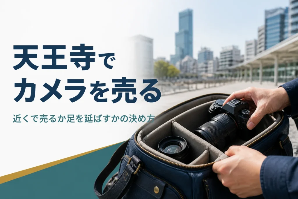 一眼レフと交換レンズをカメラバッグに入れ、買取店へ持ち込む準備をしている手元