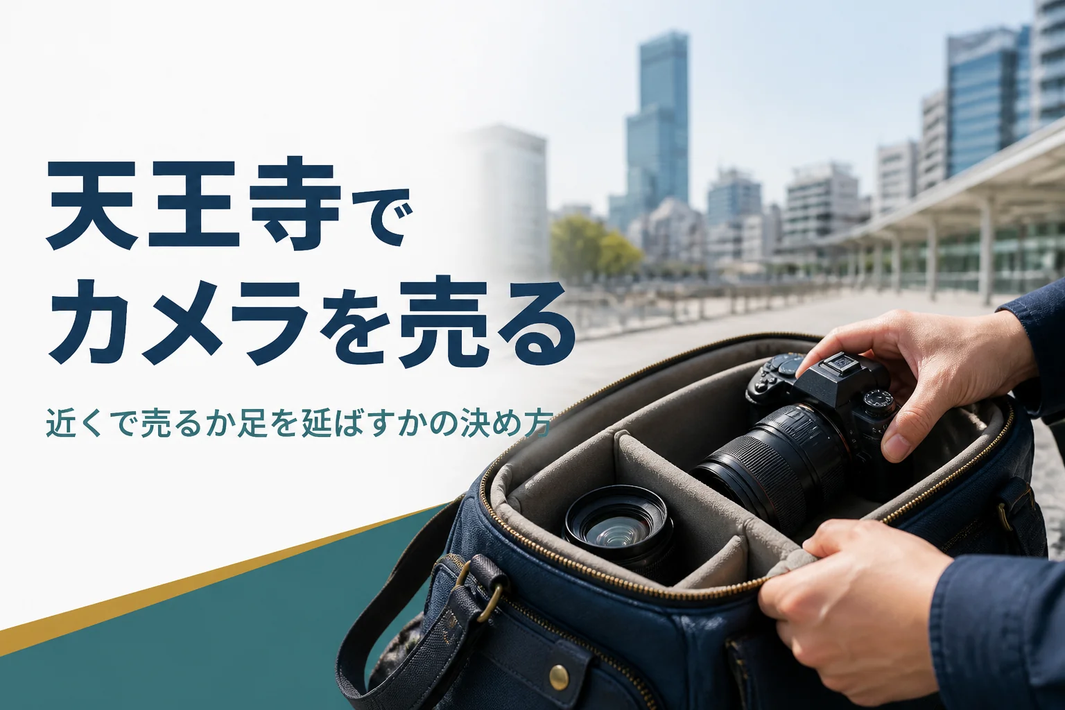 一眼レフと交換レンズをカメラバッグに入れ、買取店へ持ち込む準備をしている手元