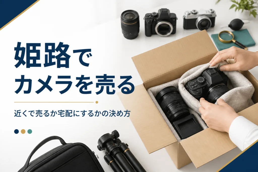 一眼レフと交換レンズを段ボール箱に梱包し、宅配買取に送る準備をしている手元