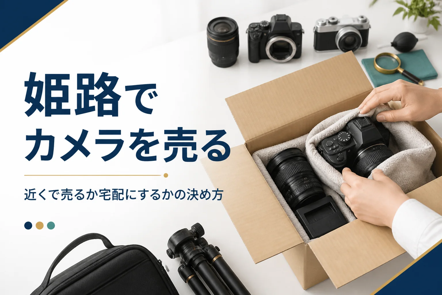 一眼レフと交換レンズを段ボール箱に梱包し、宅配買取に送る準備をしている手元