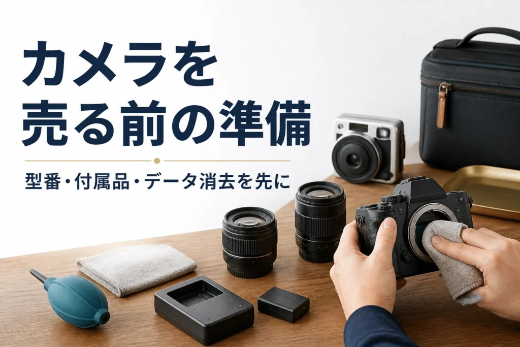 ミラーレスカメラやインスタントカメラを並べ、売る前に布で拭いて準備している手元
