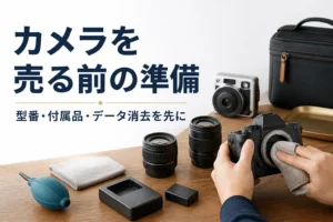 ミラーレスカメラやインスタントカメラを並べ、売る前に布で拭いて準備している手元