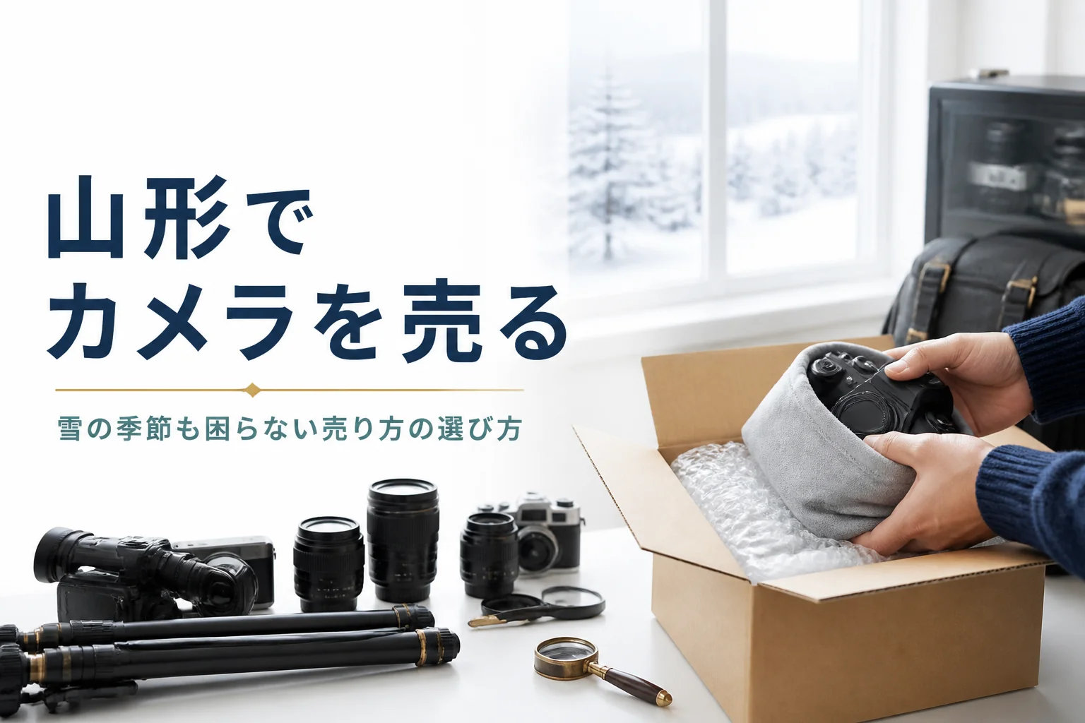 雪の見える部屋で一眼レフを段ボール箱に梱包し、宅配買取の準備をしている手元