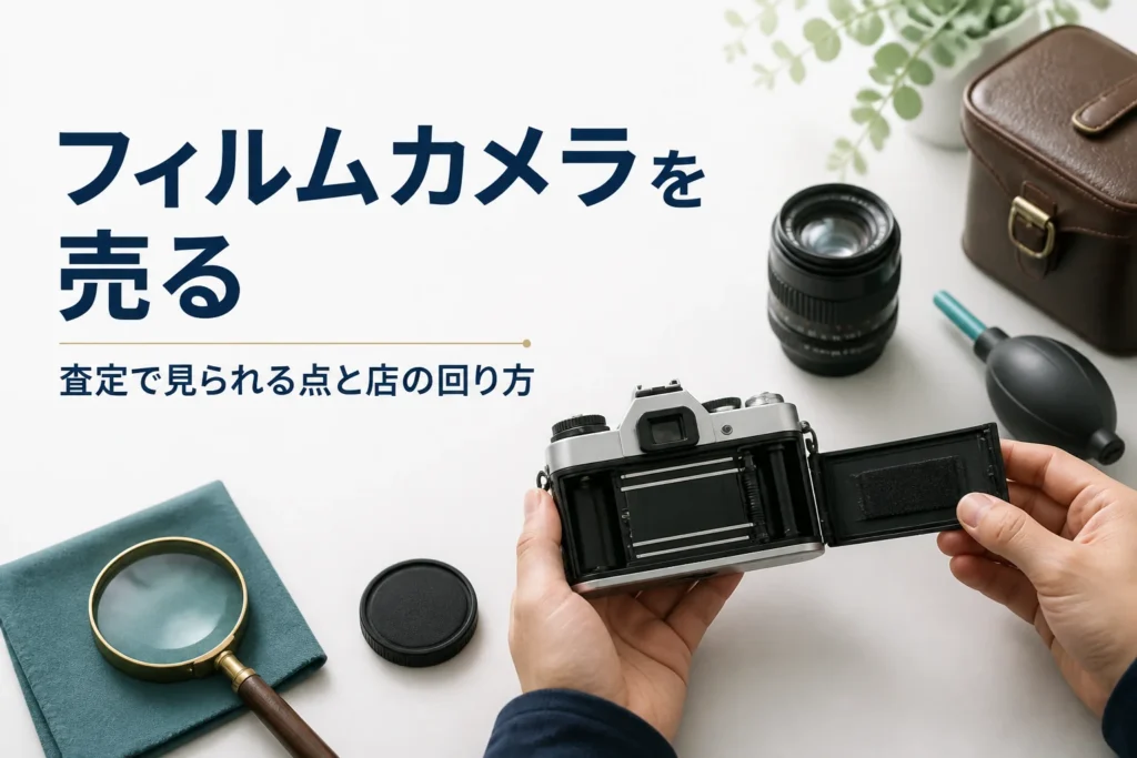 古いフィルムカメラの裏ぶたを開けて状態を確かめ、売る準備をしている手元