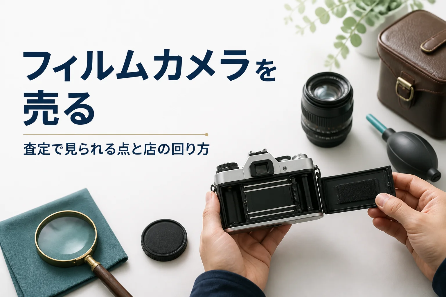 古いフィルムカメラの裏ぶたを開けて状態を確かめ、売る準備をしている手元