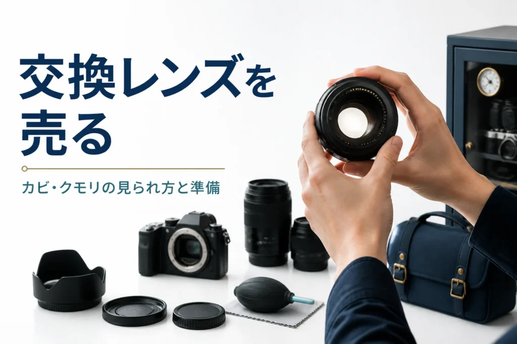 交換レンズを明かりにかざしてカビやくもりが無いか確かめている手元