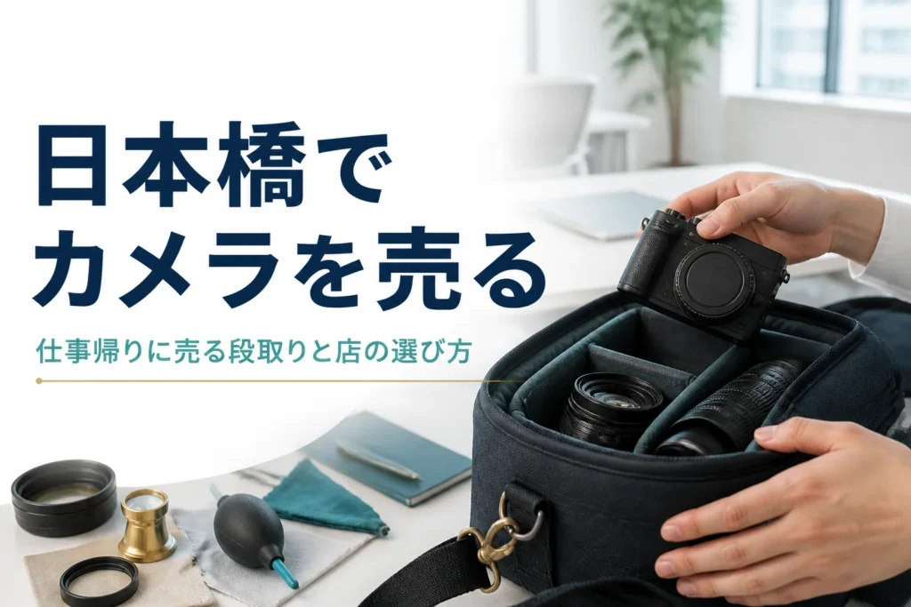 オフィスの机でカメラと交換レンズをバッグに入れ、仕事帰りに買取店へ持ち込む準備をしている手元