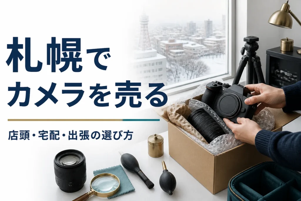 雪の見える部屋で一眼レフと交換レンズを梱包キットの箱に詰め、宅配買取の準備をしている手元