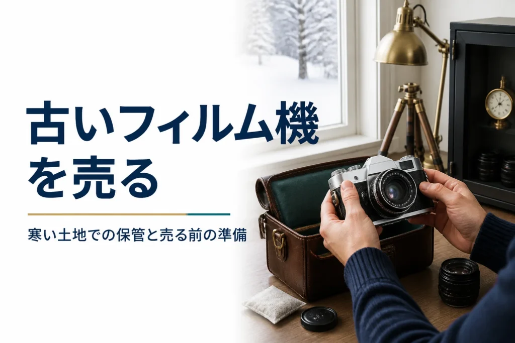 雪の見える部屋で古いフィルムカメラを革ケースから出し、売る前に状態を確かめている手元