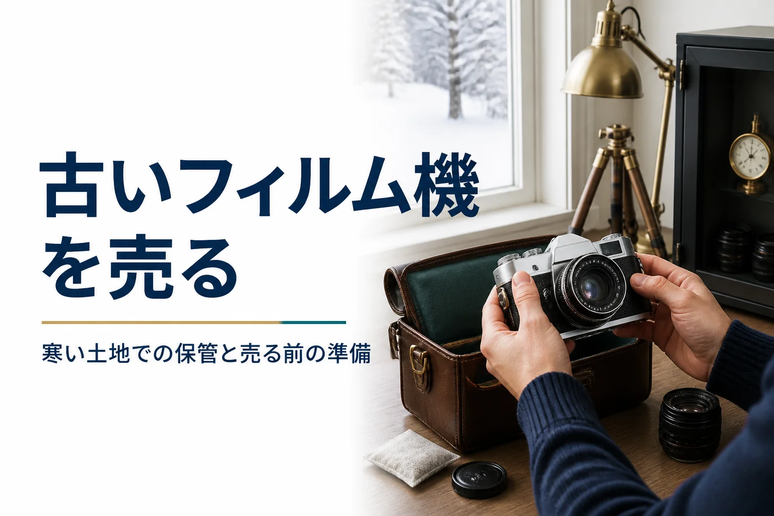 雪の見える部屋で古いフィルムカメラを革ケースから出し、売る前に状態を確かめている手元