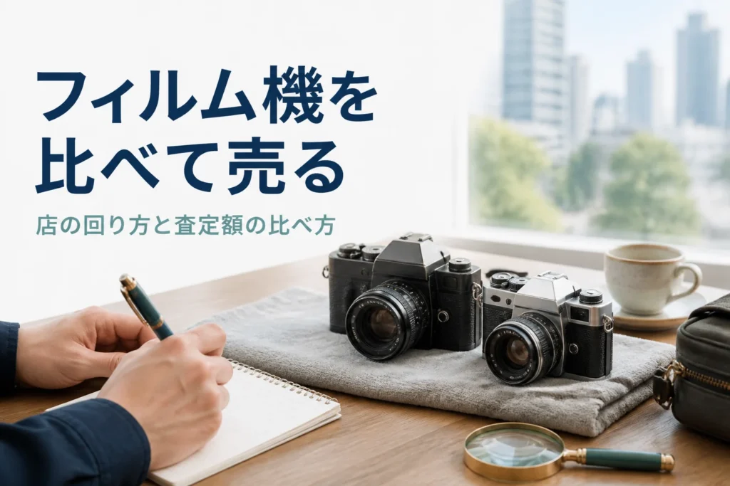 フィルムカメラの横でメモ帳に査定額の理由を書き込み、店を比べている手元