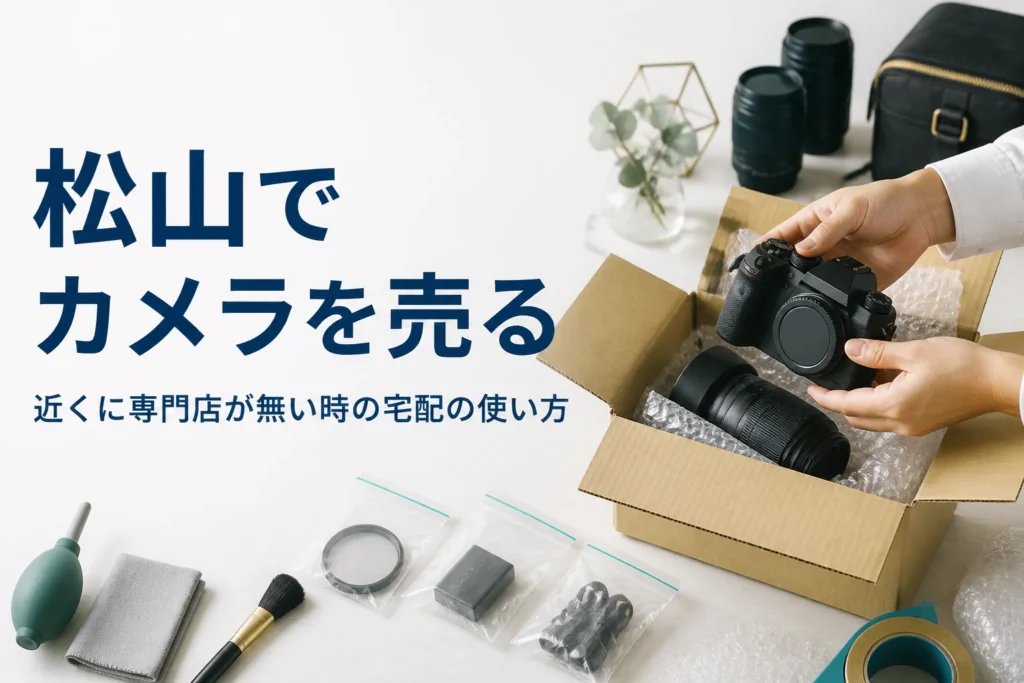 一眼レフと交換レンズ、付属品を段ボール箱に梱包して宅配買取に送る準備をしている手元