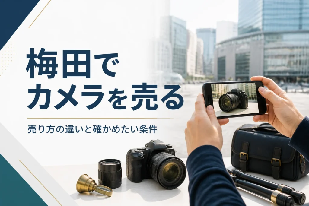 一眼レフをスマホで撮影し、写真での査定を申し込む準備をしている手元