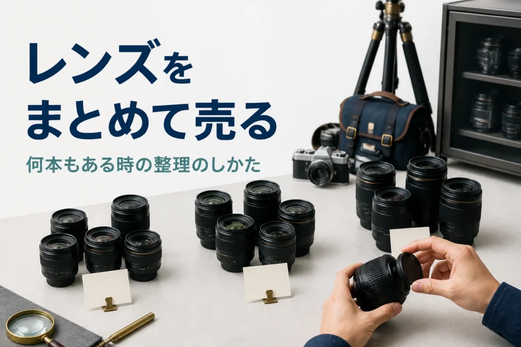 何本もの交換レンズをグループに分けて並べ、メモを添えて売る準備をしている手元