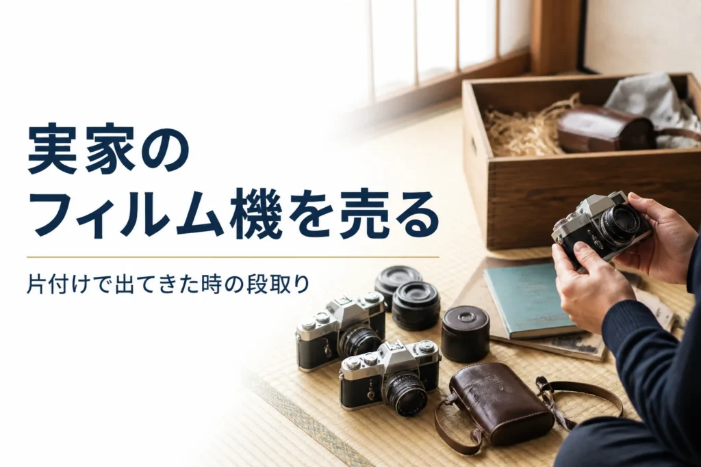 実家の片付けで出てきた古いフィルムカメラと革ケースを並べ、売る準備をしている手元