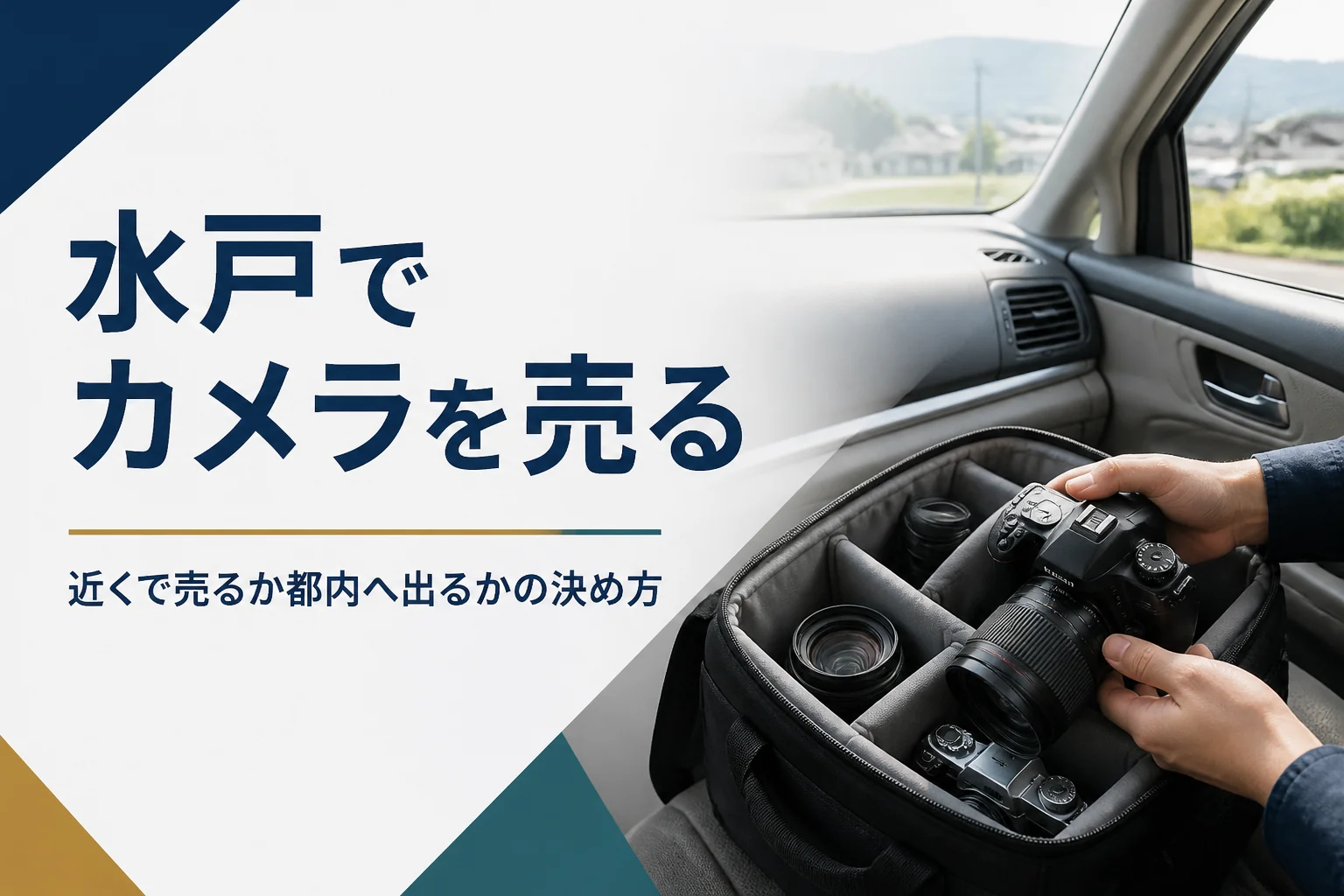 車の足元にカメラバッグを置き、一眼レフとレンズを買取店へ運ぶ準備をしている手元
