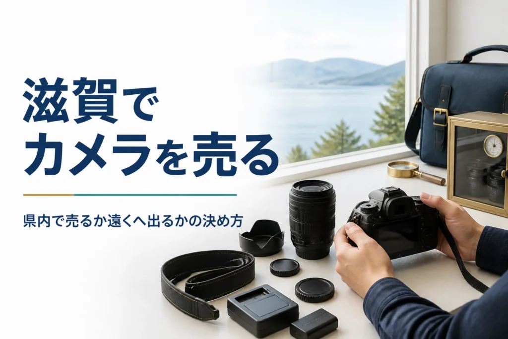 湖の見える窓辺で一眼レフと付属品を並べ、売る前の準備をしている手元
