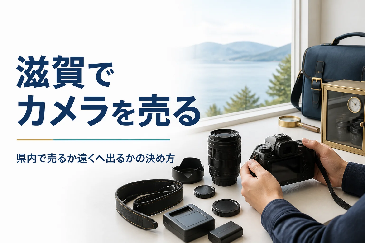湖の見える窓辺で一眼レフと付属品を並べ、売る前の準備をしている手元