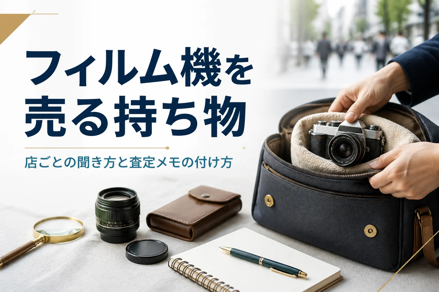 フィルムカメラと革ケース、メモ帳をそろえ、買取店へ持っていく準備をしている手元
