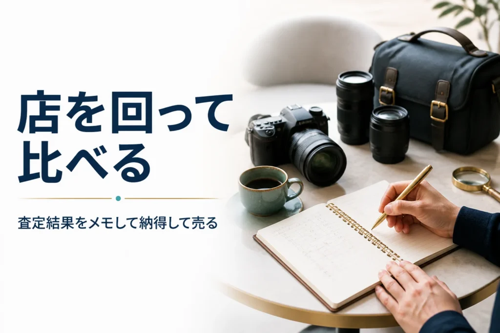 一眼レフと交換レンズの横で、何店かの査定結果をメモ帳に書き比べている手元