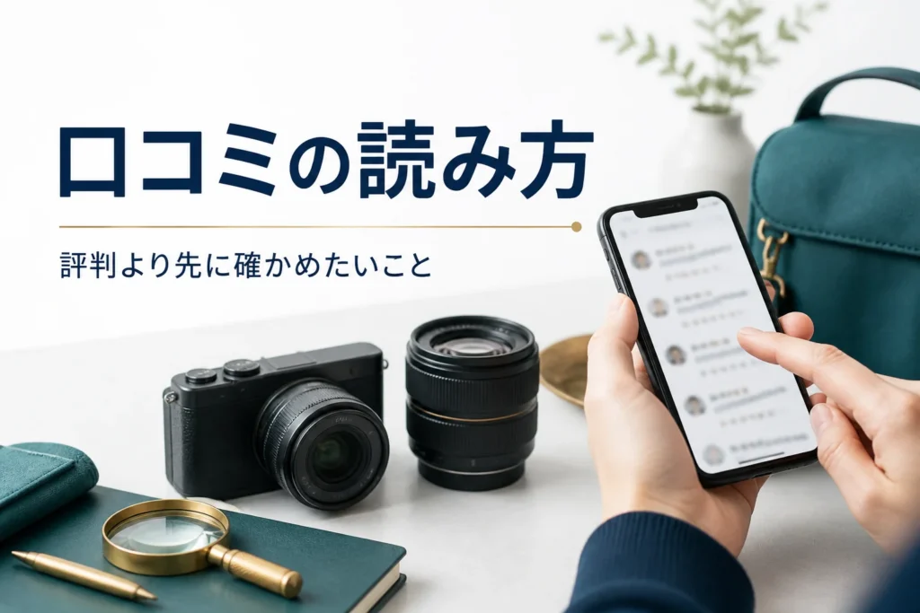 カメラの横でスマホを手に買取店の口コミを読み比べている手元