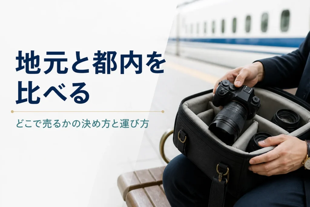 駅のホームで一眼レフと交換レンズをカメラバッグに入れ、買取店へ持っていく準備をしている手元