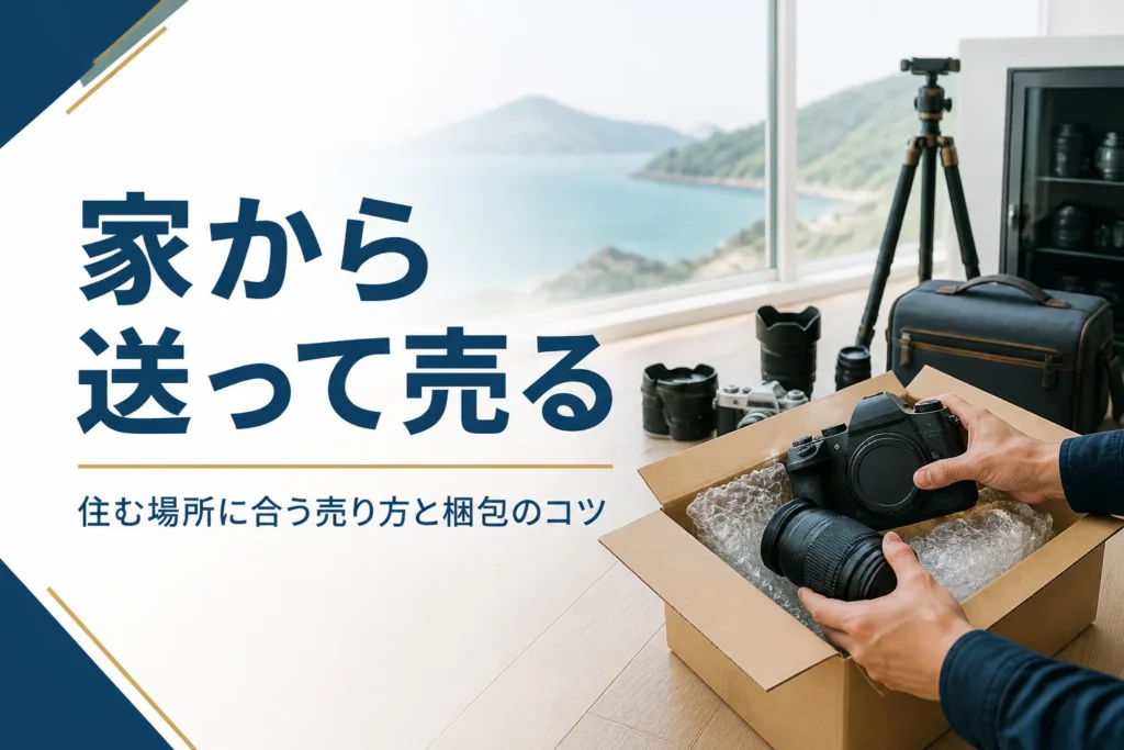 一眼レフと交換レンズを緩衝材で包み、宅配買取に送るため段ボール箱に詰めている手元