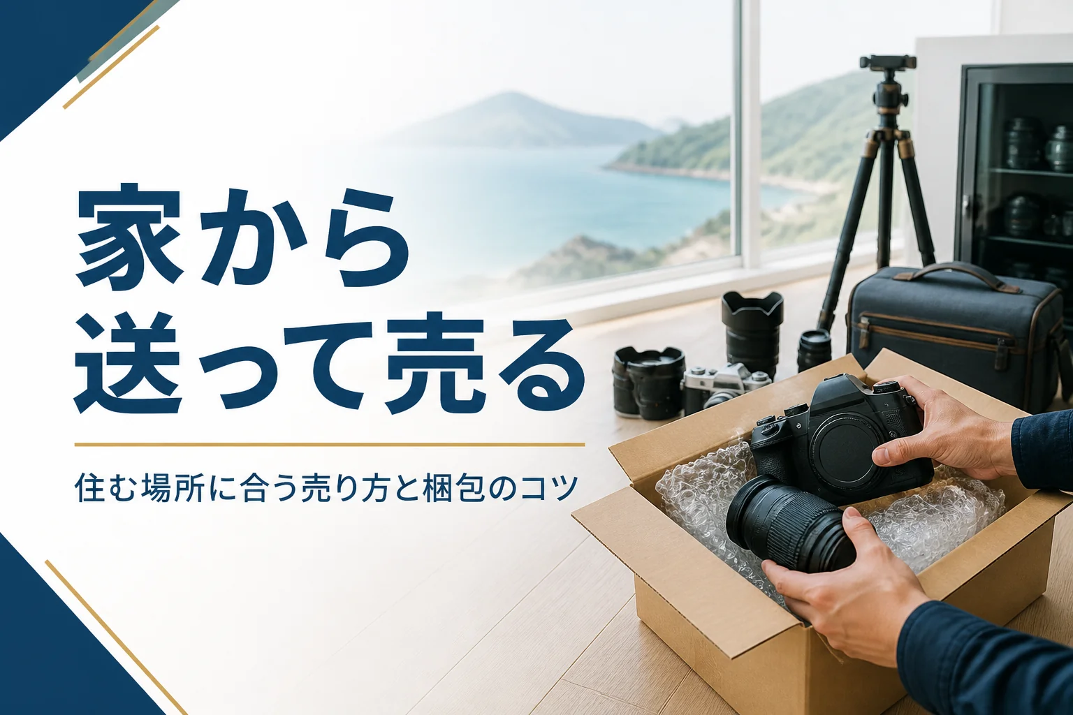 一眼レフと交換レンズを緩衝材で包み、宅配買取に送るため段ボール箱に詰めている手元