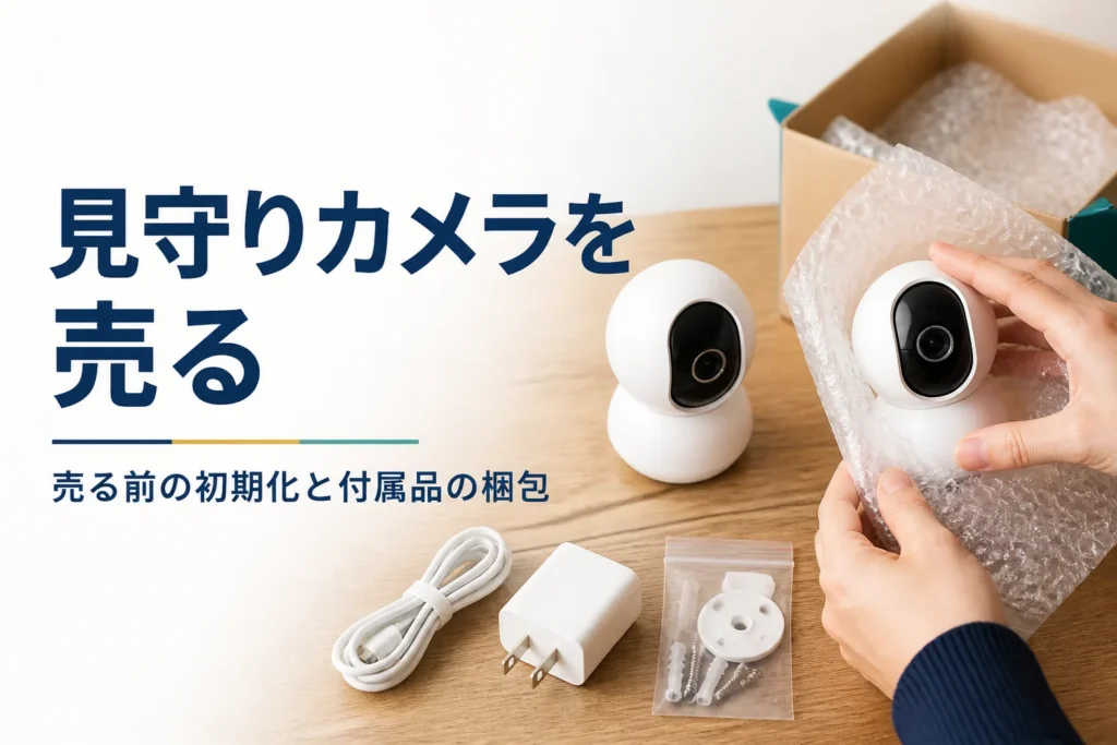 家庭用のネットワークカメラとケーブル・アダプター・取付金具を並べて、宅配買取に送る準備をしている手元