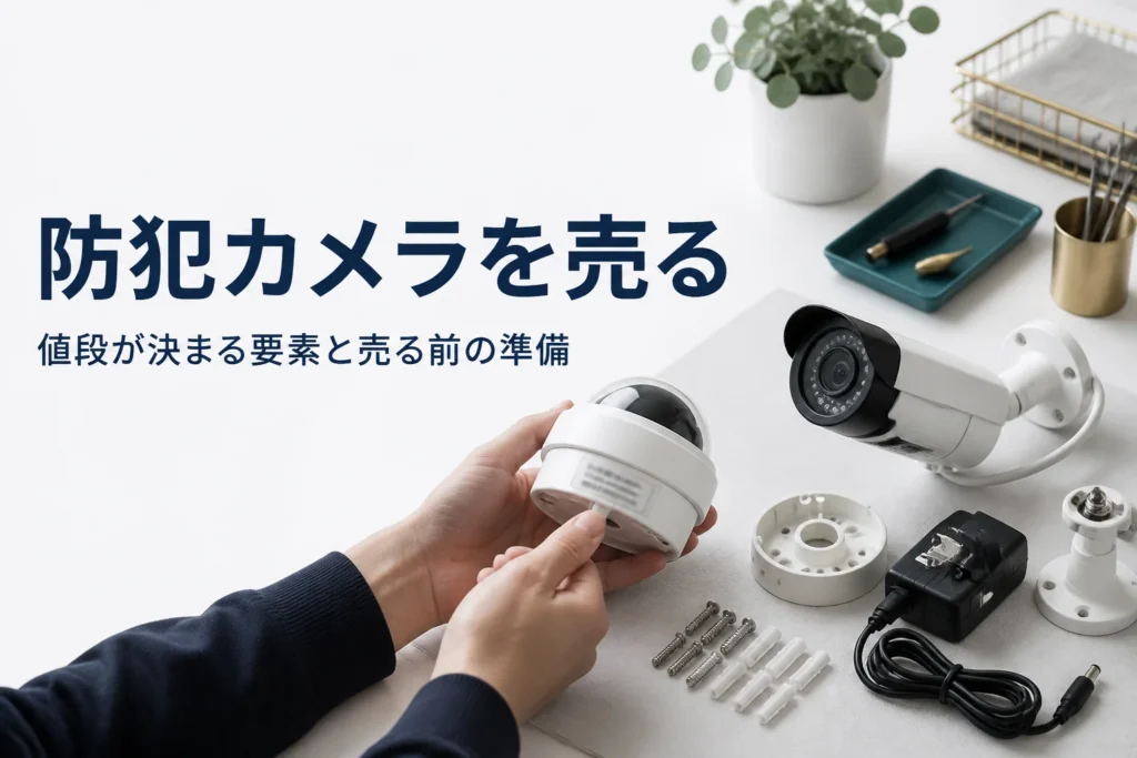 防犯カメラ本体のラベルで型番を確かめ、付属品と一緒に売却の準備をしている手元