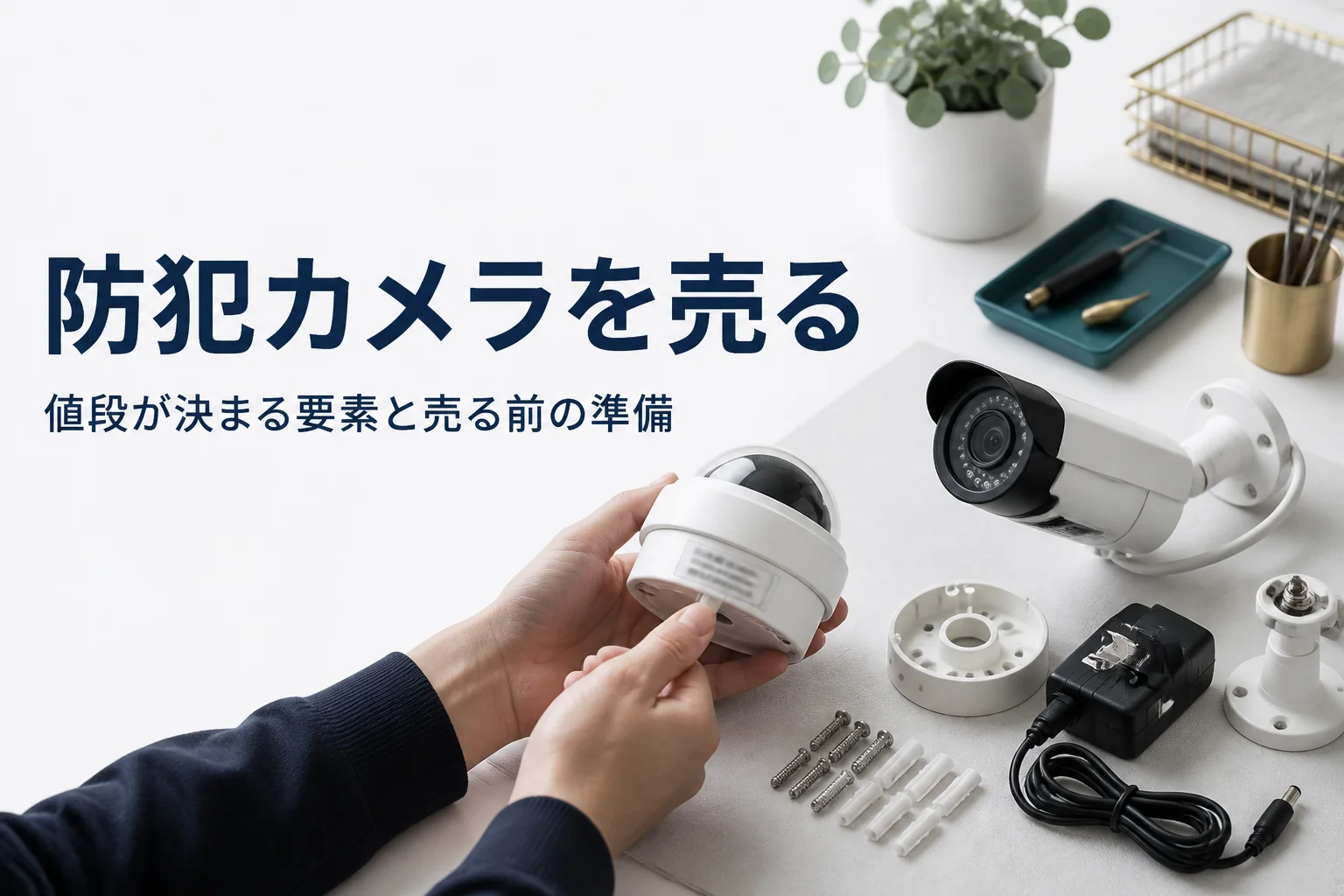 防犯カメラ本体のラベルで型番を確かめ、付属品と一緒に売却の準備をしている手元