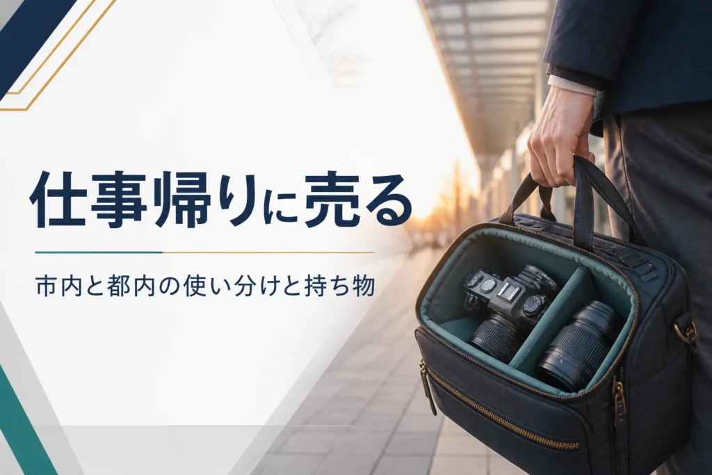 仕事帰りの駅前で、ミラーレスと交換レンズを入れたカメラバッグを持って買取店へ向かう手元