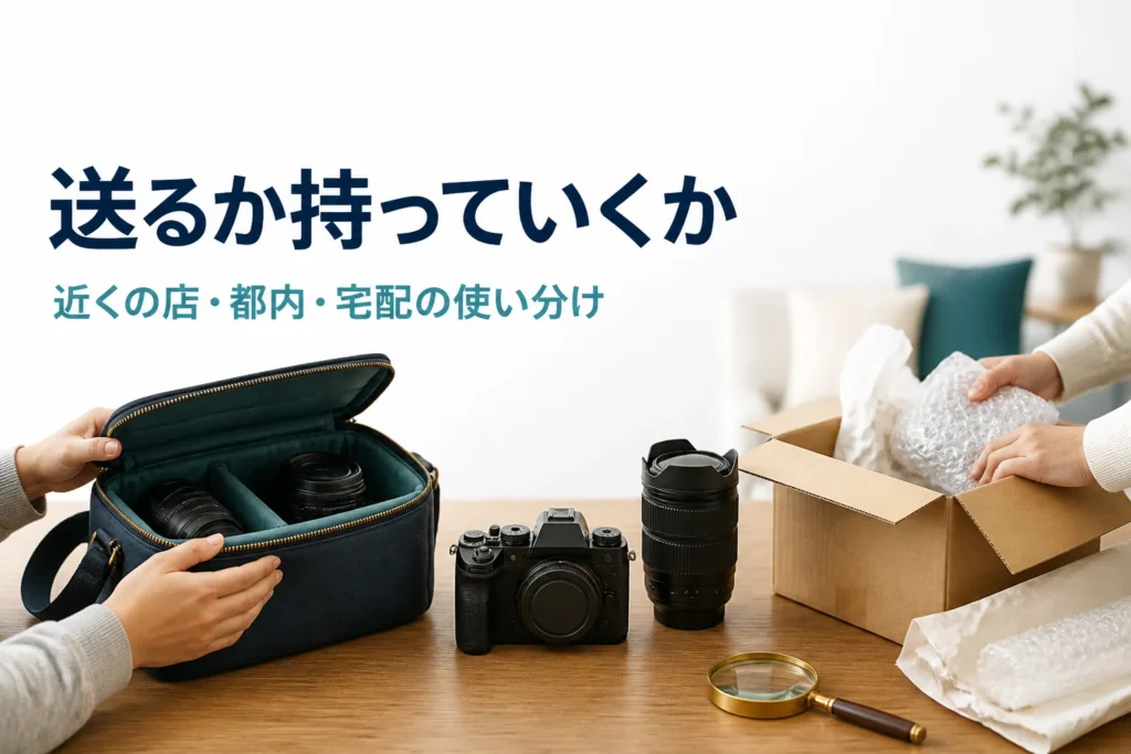 カメラバッグと宅配用の段ボール箱の間に一眼レフと交換レンズを置き、売り方を考えている様子